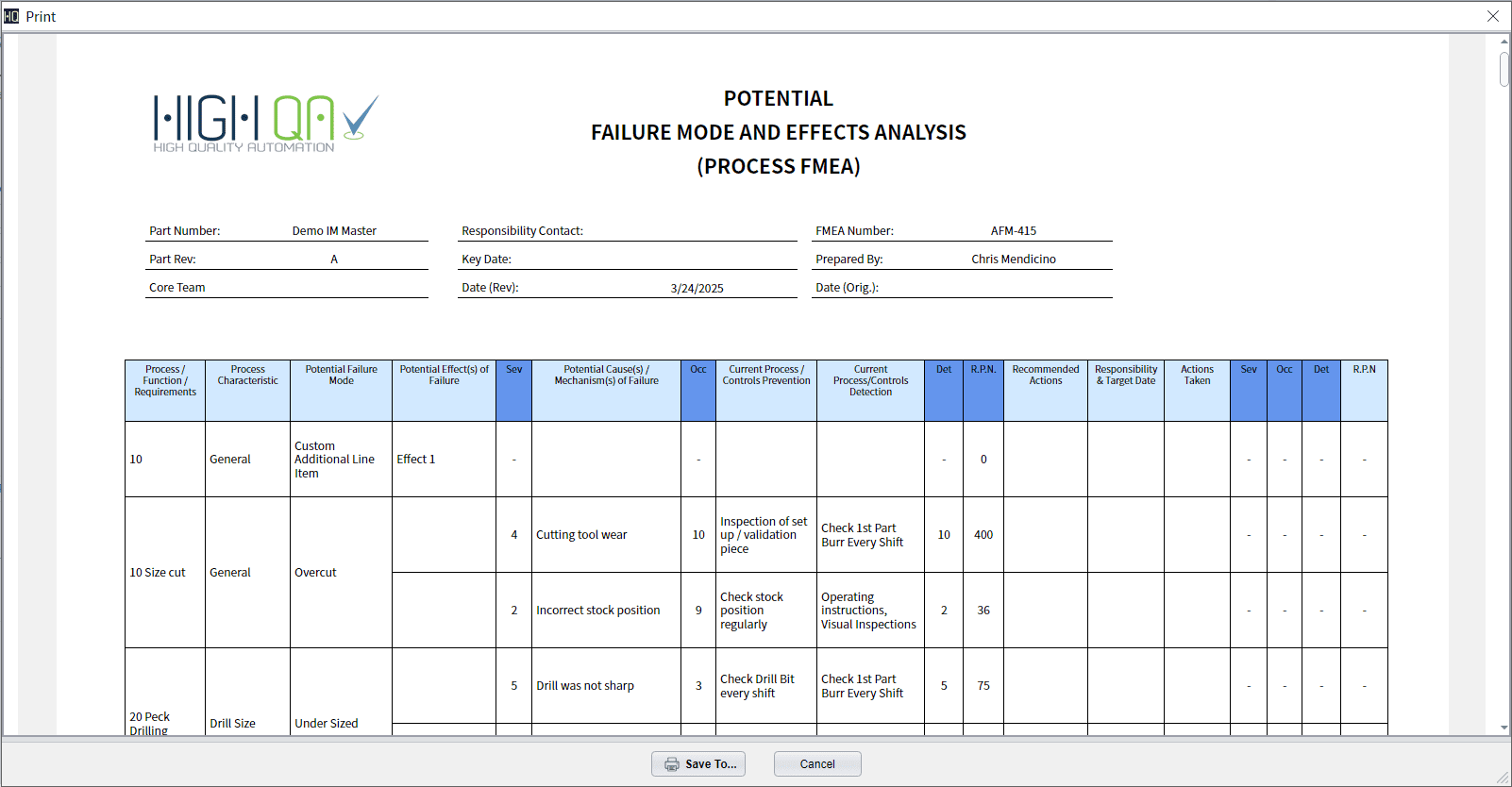 Process PFMEA Print